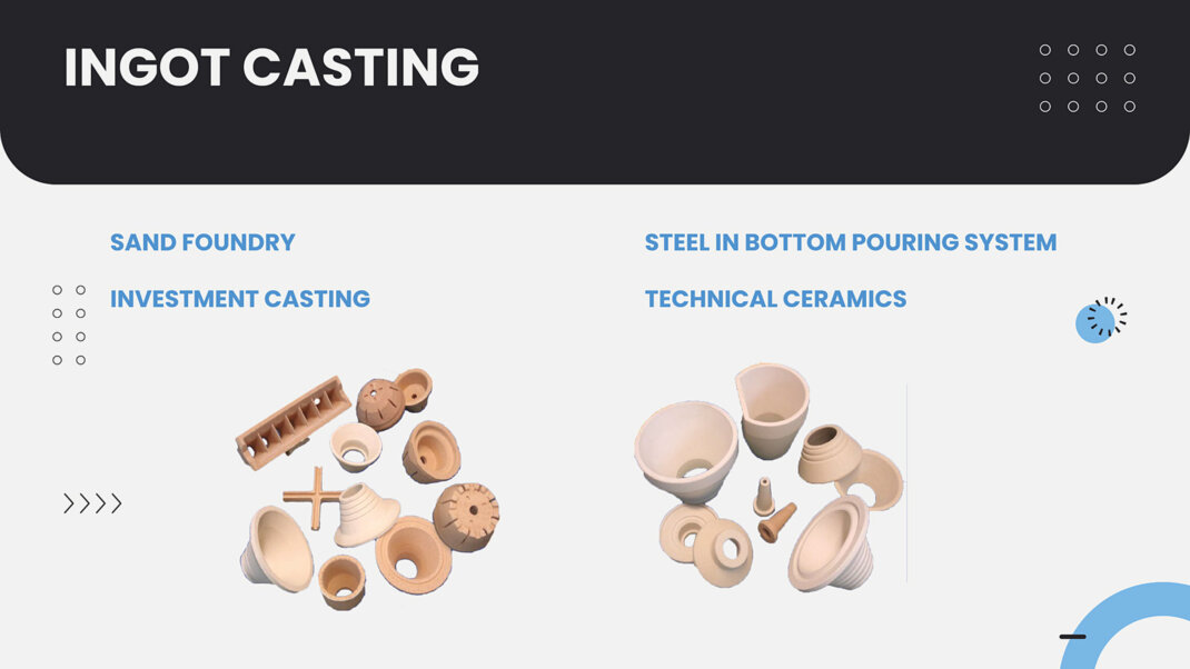 SAND FOUNDRY, INVESTMENT CASTING, STEEL IN BOTTOM POURING SYSTEM, TECHNICAL CERAMICS 